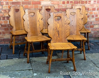 Brutalist Oak Dining Chairs MCM Belgian 1960s Set Of 6 Mid Century Sculptural Tiger Oak Rustic Lodge Dining Chairs Solid Wood European Dutch