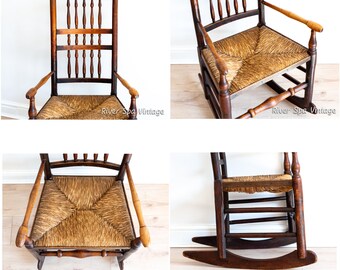 18th Century English Antique Lancashire Spindle Back Rush Seat