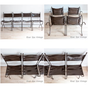 May include: Four brown leather chairs with metal frames. The chairs are arranged in two rows of two. The chairs are on a wooden floor. The chairs are vintage and have a rustic look. The chairs are made of metal and leather. The chairs are in good condition. The chairs are for sale. River Spa Vintage.