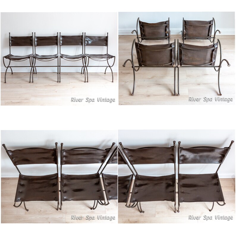May include: Four brown leather chairs with metal frames. The chairs are arranged in two rows of two. The chairs are on a wooden floor. The chairs are vintage and have a rustic look. The chairs are made of metal and leather. The chairs are in good condition. The chairs are for sale. River Spa Vintage.
