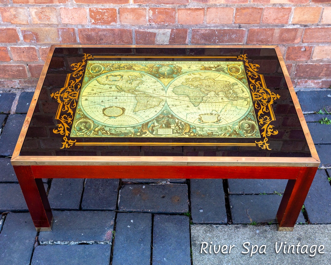 World Map Coffee Table Large Campaign Style Mid Century Atlas Glass