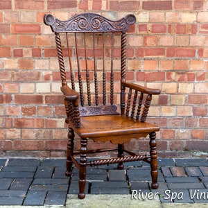 Seltener geschnitzter Windsor Stuhl Antik Barley Twist Fanback Sessel verziert Landhaus Feuerside Stuhl aufwendig dekorative Carver Throne Stuhl