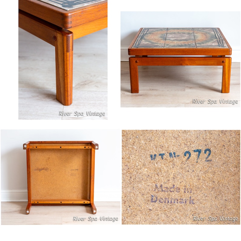 May include: A square, wooden coffee table with a tiled top. The tile design features a geometric pattern in shades of brown, blue, and white. The table has a simple, mid-century modern design with four legs. The underside of the table has a label that reads "VTM-272 Made in Denmark."