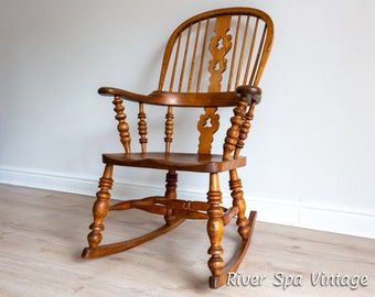 Fine Antique Windsor Rocking Chair Ash Elm 19th Century Large Broad Arm Bow Back Yorkshire Rustic Farmhouse Victorian Windsor Rocking Chair