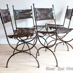 Wrought Iron Leather Dining Chairs Set of 4 Vintage Spanish English Saddle Leather Vintage Dining Chairs Forged Iron Leather Dining Chairs image 3