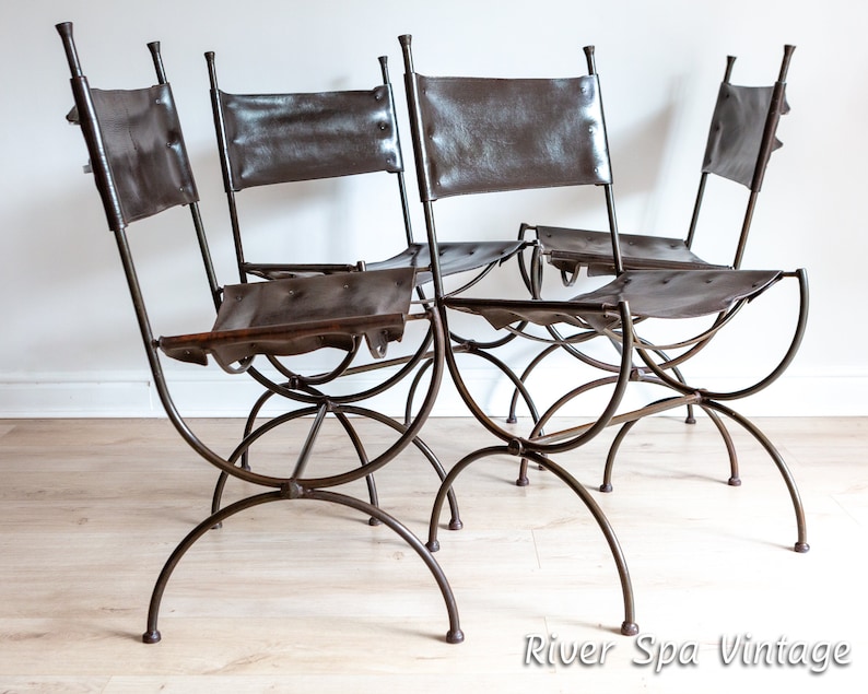 Wrought Iron Leather Dining Chairs Set of 4 Vintage Spanish English Saddle Leather Vintage Dining Chairs Forged Iron Leather Dining Chairs image 3