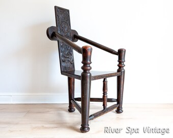 18th Century Turner’s Chair Antique Tall Carved Back Statement Chair Throne Chair Thrower’s Chair Armchair Turned Thrown Chair Green Man