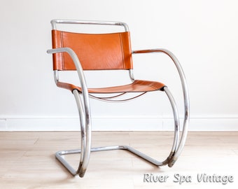 Mies Van Der Rohe MR20 Armchair Leather Chrome Cantilever Chair Tan Leather Modernist Bauhaus MCM Lounge Chair Mid Century Leather Arm Chair