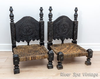 Pair of Antique Carved Swat Valley Low Ebonised Carved Leather Chairs, Pakistani Indian Carved Wedding Chairs, Ethnic Tribal Carved Chairs
