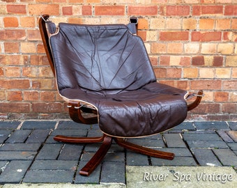 Rosewood Leather Falcon Chair Sigurd Ressell for Vatne Mobler MCM Mid Century Scandinavian Norwegian Lounge Chair 1970s Leather Sling Chair