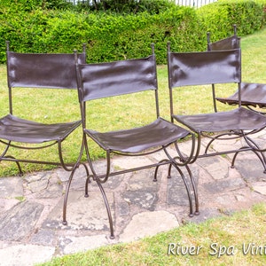 Sillas de comedor de cuero de hierro forjado Juego de 4 sillas de montar vintage español inglés Sillas de comedor de cuero vintage Sillas de comedor de cuero de hierro forjado