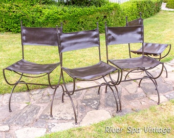 Wrought Iron Leather Dining Chairs Set of 4 Vintage Spanish English Saddle Leather Vintage Dining Chairs Forged Iron Leather Dining Chairs