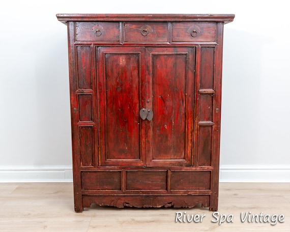 Rare Late 18th Century Chinese Red Lacquered Tall Panelled Wedding Cabinet  From Shanxi Province, Antique Chinese Cabinet, Oriental Cabinet -   Canada