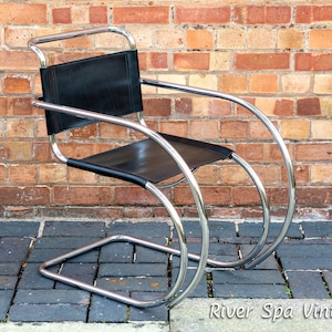 Mies Van Der Rohe MR20 Armchair Leather Chrome Cantilever Chair Black Leather Modernist Bauhaus MCM Lounge Chair Mid Century Arm Chair