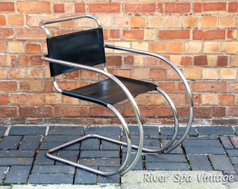 Mies Van Der Rohe MR20 Armchair Leather Chrome Cantilever Chair Black Leather Modernist Bauhaus MCM Lounge Chair Mid Century Arm Chair