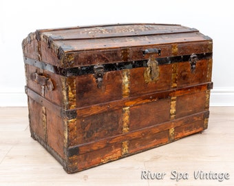 Authentischer viktorianischer Leder-Gewölbter Reise-Dampfer-Trunk, antiker Reise-Dampfer-Koffer, Decke-Truhe, gewölbter Koffer, banded Trunk-Truhe