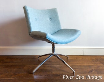 Verco Blue Tweed Wool & Aluminium Mid Century Style Swivel Easy Lounge Chair, Retro Study Hallway Office Reception Colourful Swivel Chair