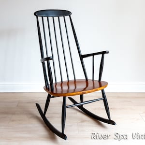 Roland Rainer Rocking Chair 1950s Danish Style Austrian Mid Century MCM Windsor Rocking Chair Black Ebonised Scandinavian Style Armchair