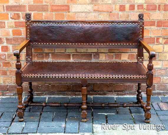Antique Spanish Studded Leather Bench Oak Studded Brass Colonial