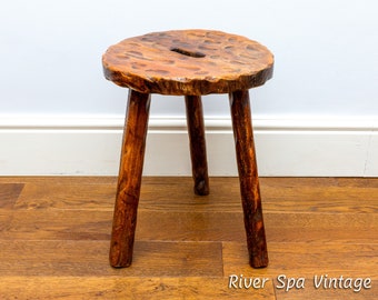 Vintage Franse primitieve rustieke tabouret statief kruk met handvat, MCM boerderij rustieke plant stand einde tafel kinderen kruk melken kruk