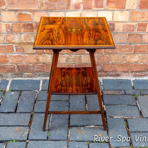 Rosewood Inlaid Side Table Antique Edwardian Decorative Lamp Table Early 20th Century 1900s Satinwood Boxwood Inlay Shelf Square Rare Fine