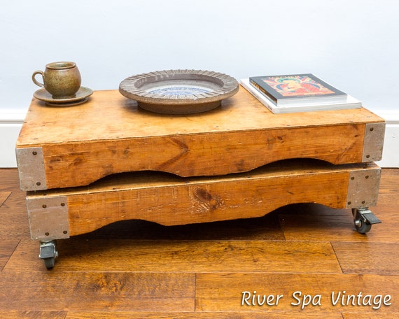 Rustic Industrial Salvage Low Pine Cart, Rustic Factory Cart Coffee Table Taiwan