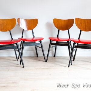 Set of 4 Mid Century Dining Chairs Red & Black Butterfly Chairs 1950s 1960s Colourful Vintage Dining Chairs Ebonised Retro MCM Dining Chairs