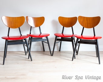 Set of 4 Mid Century Dining Chairs Red & Black Butterfly Chairs 1950s 1960s Colourful Vintage Dining Chairs Ebonised Retro MCM Dining Chairs