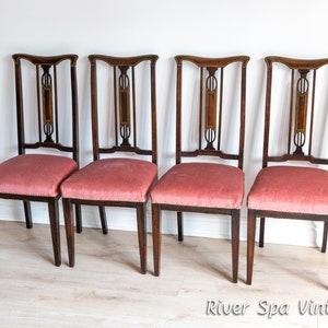 Set of 4 Art Nouveau Edwardian Strung Inlaid Boxwood Mahogany Dining Chairs, Antique Dining Chairs, Antique Inlaid Art Nouveau Dining Chairs