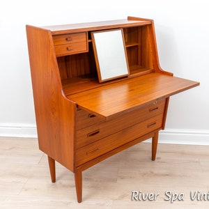 Rare Arne Wahl Iversen for Falster Mobelfabrik 1960s Teak Danish Bureau Desk with Mirror, Mid Century Scandinavian Bureau Secretaire Desk