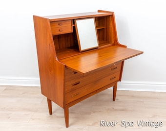 Rare Arne Wahl Iversen for Falster Mobelfabrik 1960s Teak Danish Bureau Desk with Mirror, Mid Century Scandinavian Bureau Secretaire Desk