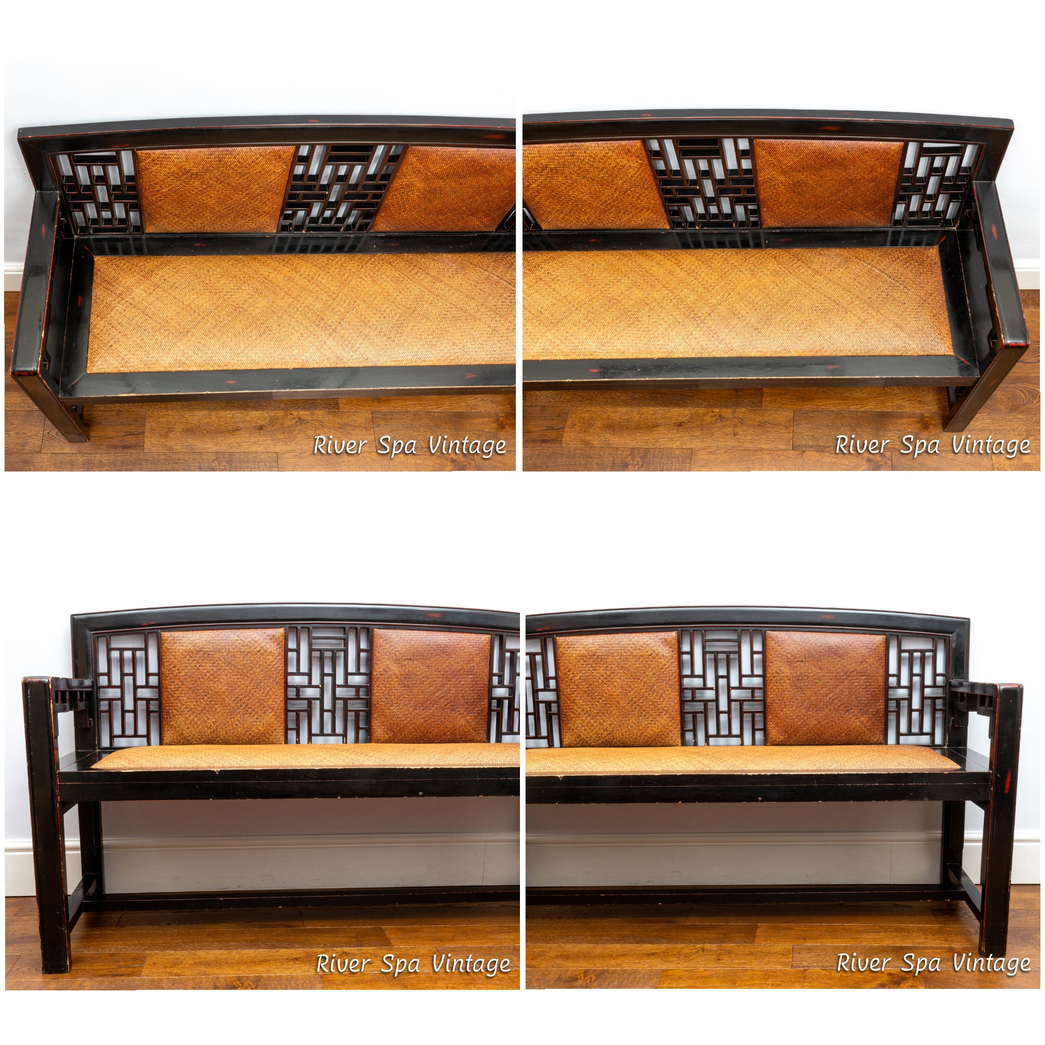 Rare Chinese Fretwork Rattan Ebonised Bench, Oriental Chinese Lacquered ...