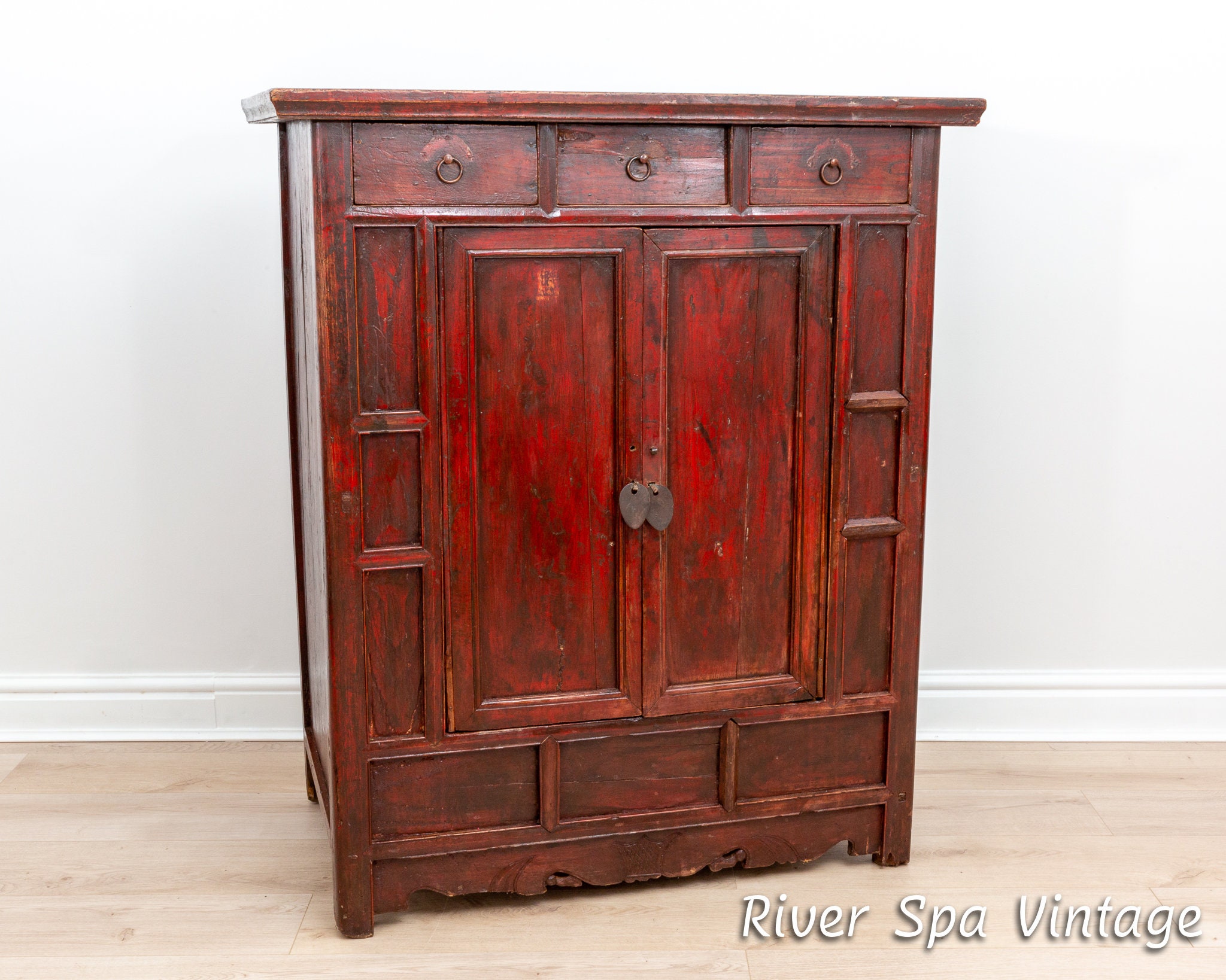 Rare Late 18th Century Chinese Red Lacquered Tall Panelled Wedding