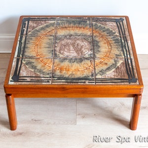 Gorgeous Rare Signed Danish Square Tiled Floating Ox Art Trioh Coffee Table, 1970s Retro Ceramic Teak Scandi Mid Century Nordic MCM Artistic