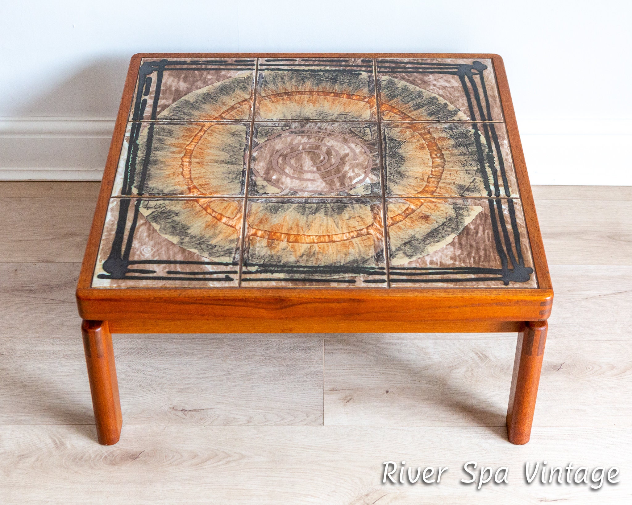 Gorgeous Rare Signed Danish Square Tiled Floating Ox Art Trioh Coffee Table, 1970s Retro Ceramic Teak Scandi Mid Century Nordic MCM Artistic Gorgeous Rare Signed Danish Square Tiled Floating Ox Art Trioh Coffee Table, 1970s Retro Ceramic Teak Scandi Mid Century Nordic MCM Artistic