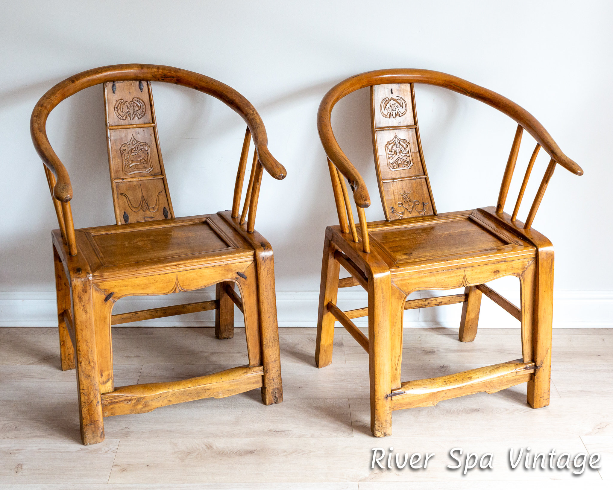 Rare Pair of Blonde Antique Chinese Horseshoe Armchairs Chinese