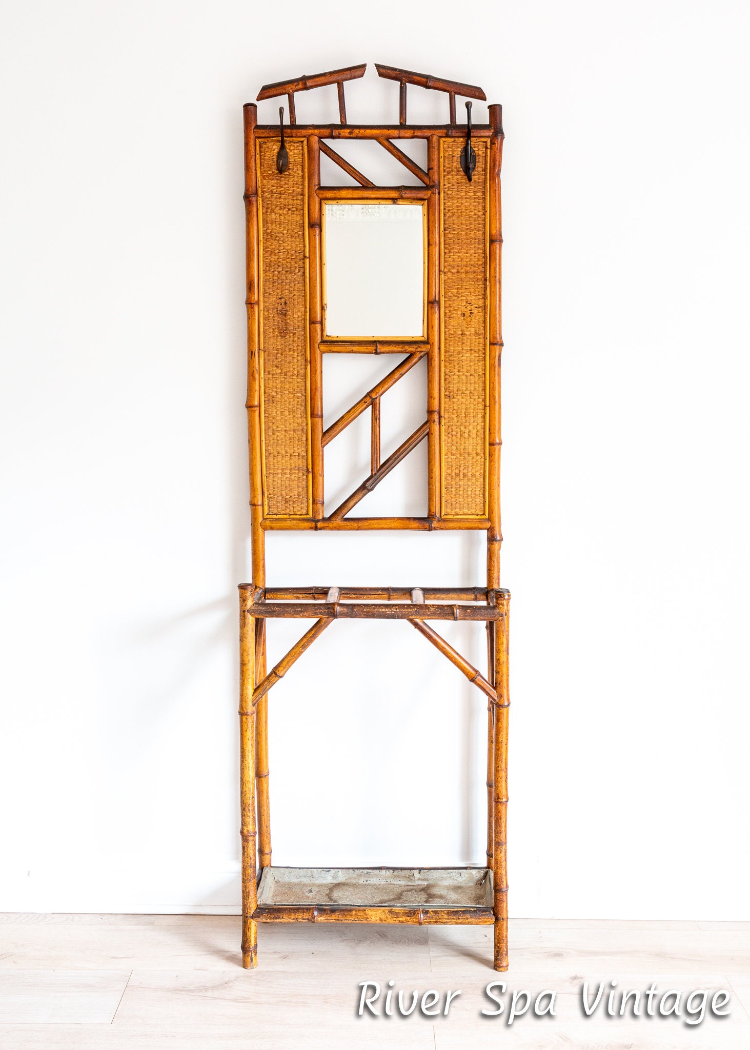 Boho Bamboo Hall Stand Coat Rack With Umbrella Stand and Mirror