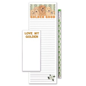 May include: A notepad set with a pencil featuring Golden Retrievers. The notepad has the text "GOLDEN GOOD" and "LOVE MY GOLDEN". The pencil is green with paw prints. The notepad has lined paper.