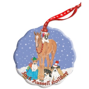 Jack Russell Terrier with Horse Holiday Porcelain Christmas Tree Ornament Double-sided (ORP861)