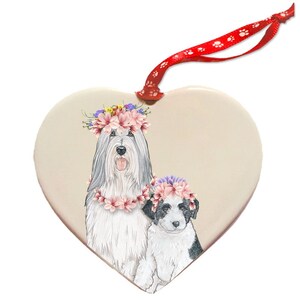 Bearded Collie Dog Porcelain Floral Heart Shaped Ornament Décor Pet Gift Double-sided Can be personalized.