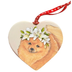 Pomeranian Dog Porcelain Floral Heart Shaped Ornament Décor Pet Gift Double-sided Can be personalized.