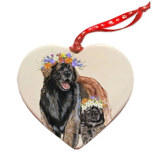 Leonberger Dog Porcelain Floral Heart Shaped Ornament Décor Pet Gift Double-sided Can be personalized.
