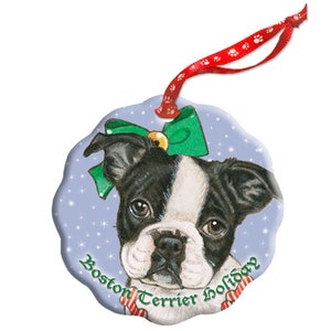 Boston Terrier Holiday Porcelain Christmas Tree Ornament Double-sided (ORP121)