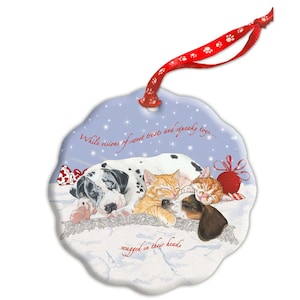 Dog With Cat Napping Holiday Porcelain Christmas Tree Ornament Double-sided (ORP534)