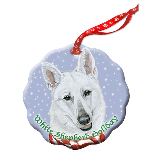 White Shepherd Holiday Porcelain Christmas Tree Ornament Double-sided (ORP700) Can be personalized.