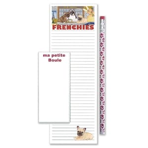 May include: A white notepad with a French Bulldog design and the text "FRENCHIES" and "ma petite Boule". The notepad comes with a pink pencil with paw prints.