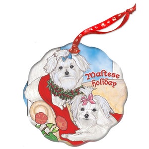 Maltese Holiday Porcelain Christmas Tree Ornament Double-sided (ORP983)