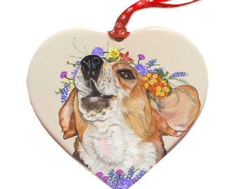 Adorno de porcelana con forma de perro Beagle, decoración floral en forma de corazón, regalo personalizado para mascotas.