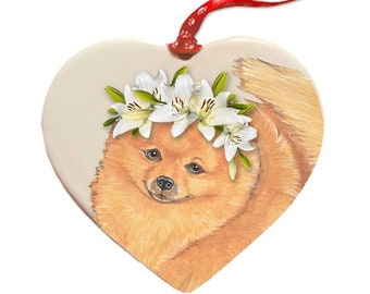 Adorno floral de perro Pomerania, corazón de porcelana, regalo personalizado para mascotas