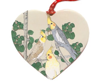 Cockatiel Parrot Bird Porcelain Pet Gift Heart Ornament Double-sided Can be personalized.